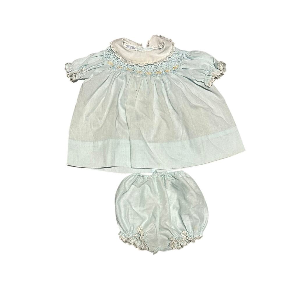 Vintage 12m 70s baby toddler smocked blouse and bloomers outfit set